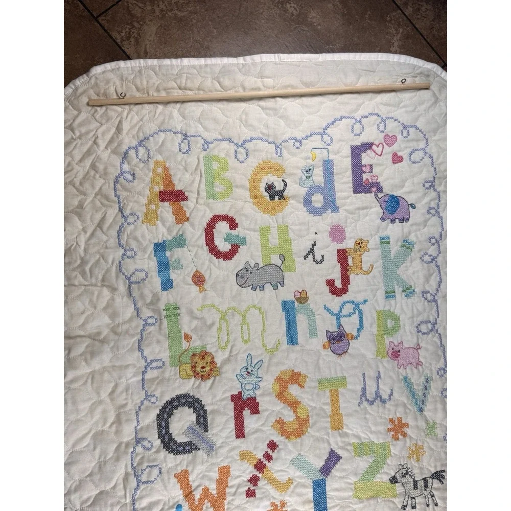 Vintage Hanging Cross Stitch Baby Quilt Alphabet Animals ABC Nursery Blanket